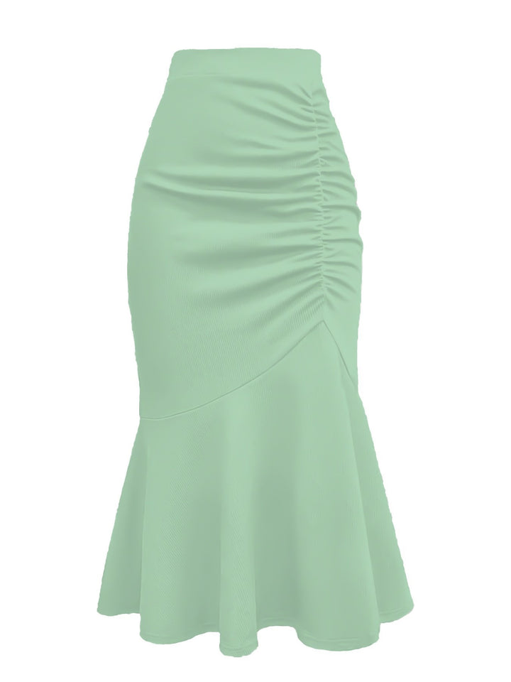 Women's Tailored Midi Skirt with Side Ruching and Flared Ruffle Hem Mune Fashion