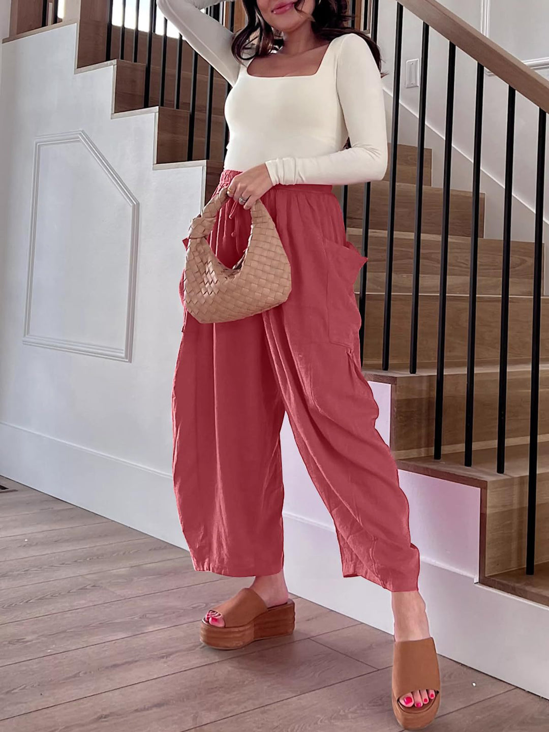 Women's High-Waist Wide-Leg Linen-Blend Cargo Crop Trousers Mune Fashion