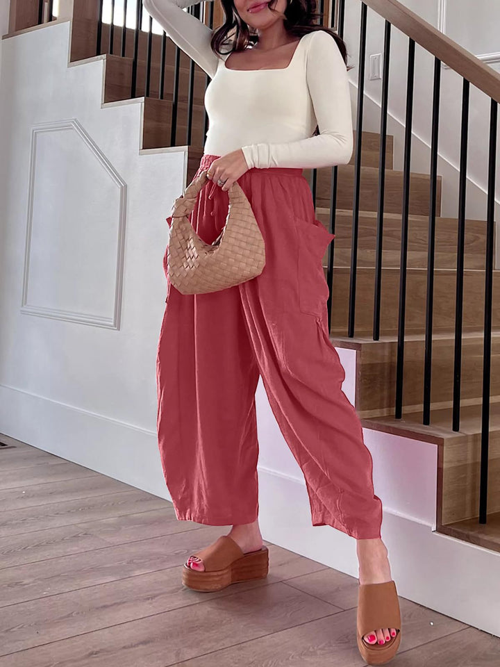 Women's High-Waist Wide-Leg Linen-Blend Cargo Crop Trousers Mune Fashion