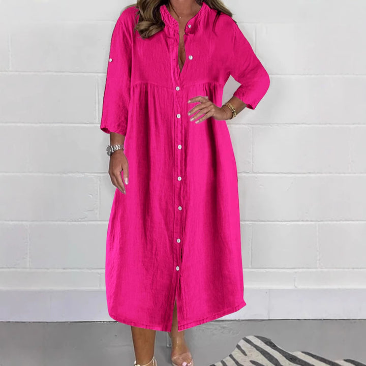 Women Loose Empire Midi Shirt Dress in Linen Look with Stand-Up Collar and 3/4 Sleeves Mune Fashion