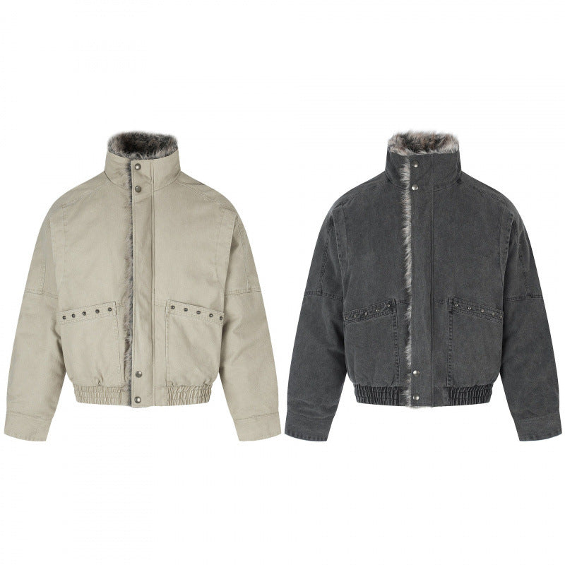 Women's Short Cut Corduroy Look Blouson Jacket with Faux Fur Lining and High Standing Collar Mune Fashion