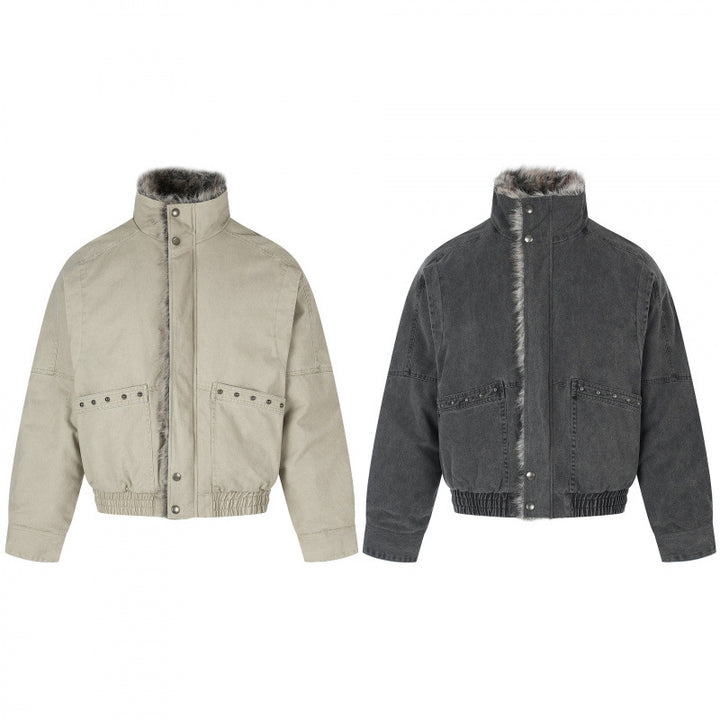 Women's Short Cut Corduroy Look Blouson Jacket with Faux Fur Lining and High Standing Collar Mune Fashion
