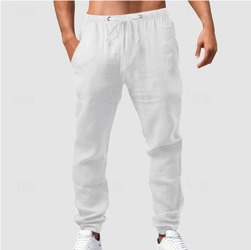 Men's relaxed sporty linen leisure pants with drawstring waistband, elastic ankle cuffs, and side seam pockets Mune Fashion