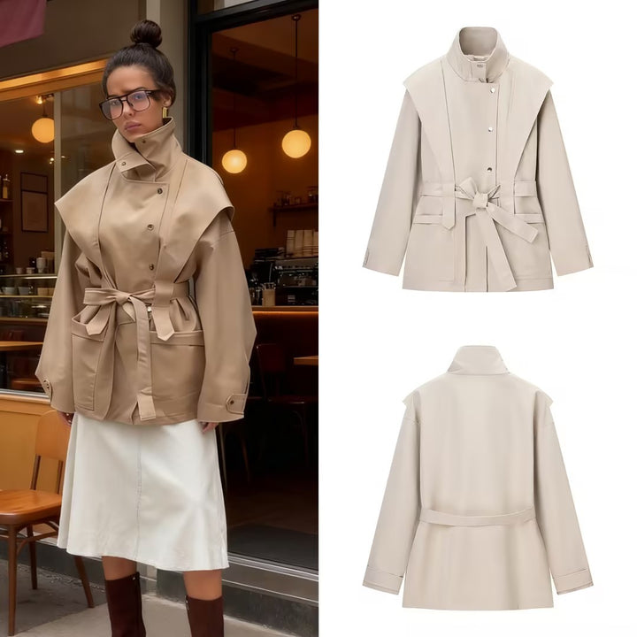 Women's Short Tailored Rain Jacket with Cape Shoulder Detail and Ties Belt Mune Fashion