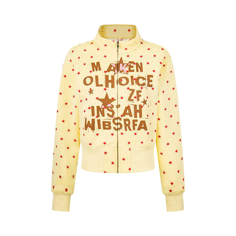 Women's Short Zipper Sweat Jacket with Stand-Up Collar, Allover Star Print and Statement Front Print Mune Fashion