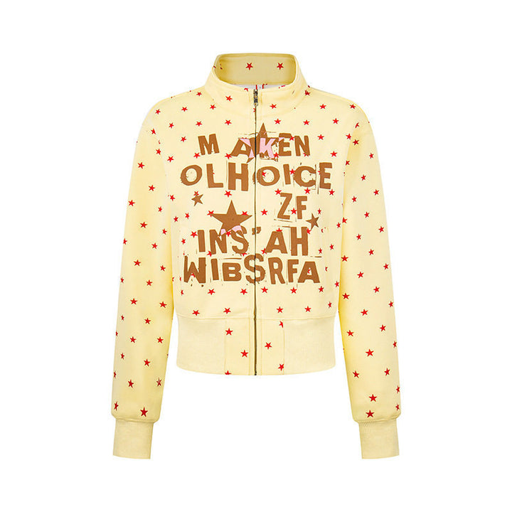 Women's Short Zipper Sweat Jacket with Stand-Up Collar, Allover Star Print and Statement Front Print Mune Fashion