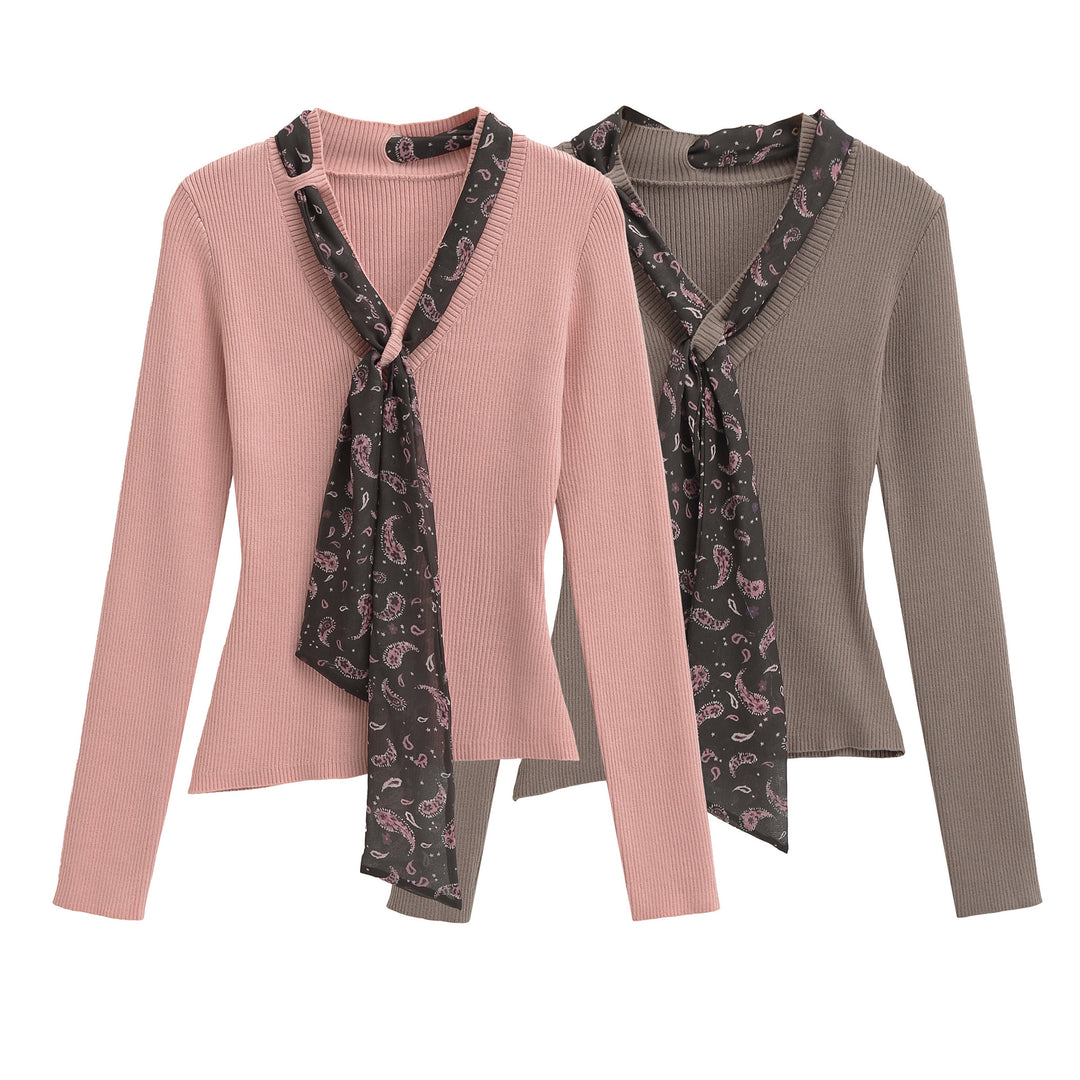 Women's fine knit pullover with threaded paisley scarf Mune Fashion