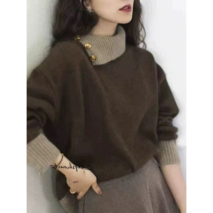 Women's Short-Cut Sweater with Asymmetrical Button Mock Neck and Balloon Sleeves Mune Fashion