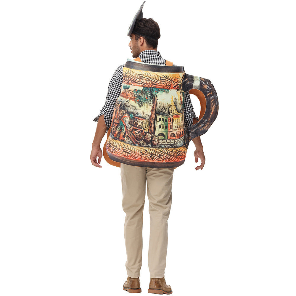 Men's humorous beer mug costume with removable lid and adjustable carrying straps Mune Fashion