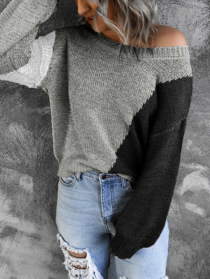 Women's Oversize Knit Sweater with Off-the-Shoulder Cut and Color Block Design Mune Fashion