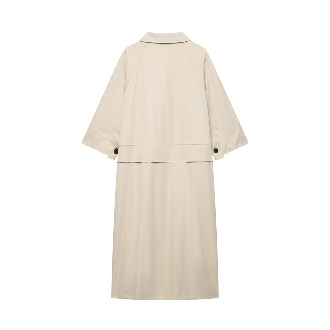 Women's Lightweight Long Trench Coat with Three-Quarter Length Sleeves and Hidden Button Placket Drune