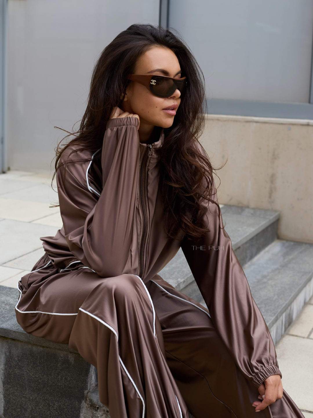 Women's Satin Tracksuit with Zip Jacket and Loose Elastic Waist Pants Mune Fashion