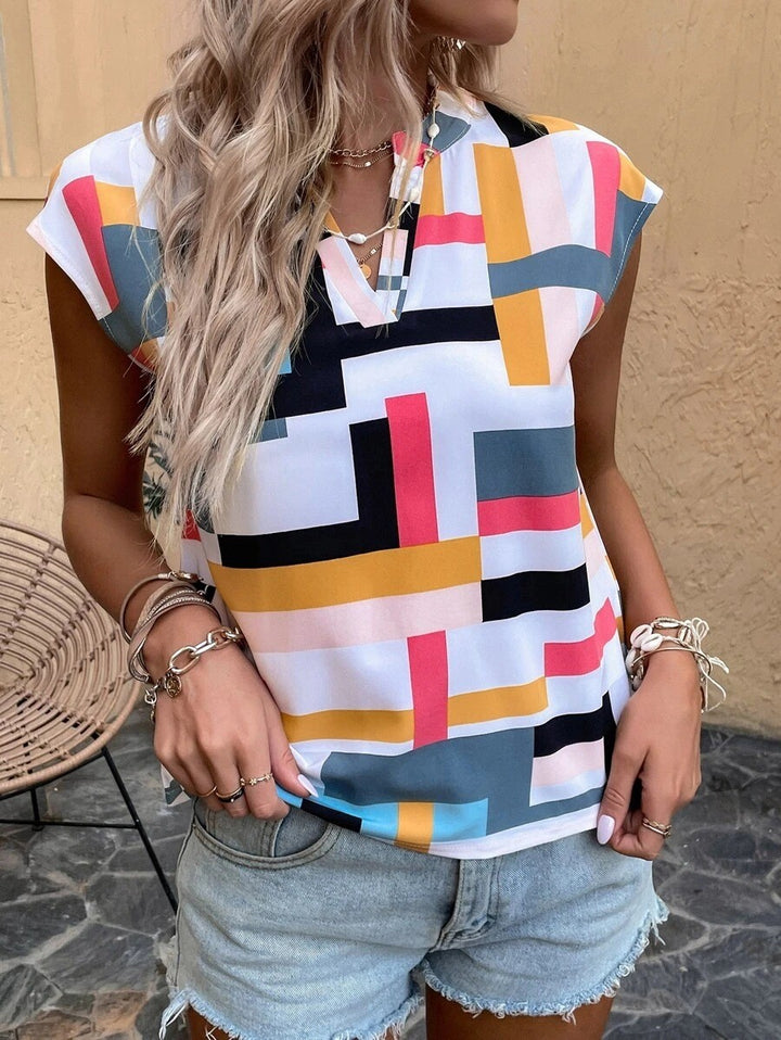 Women's Geometric Chiffon Blouse with Short Cap Sleeves and V-Slit Mune Fashion