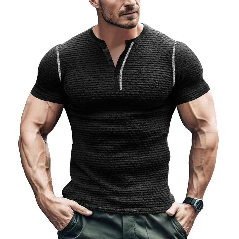 Men's body-hugging structured short-sleeve Henley with contrasting shoulder piping Mune Fashion
