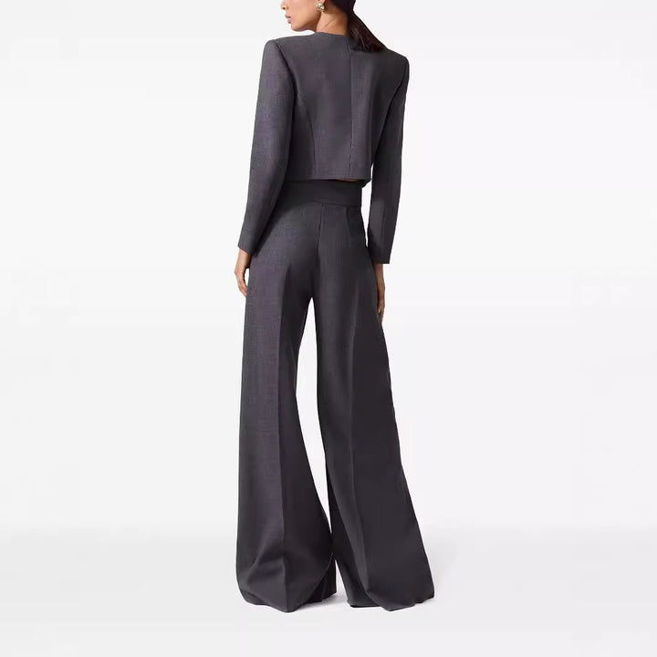 Women's Two-Piece Tailoring Suit Short Blazer with Distinctive Shoulder and High-Waisted Palazzo Pants Mune Fashion