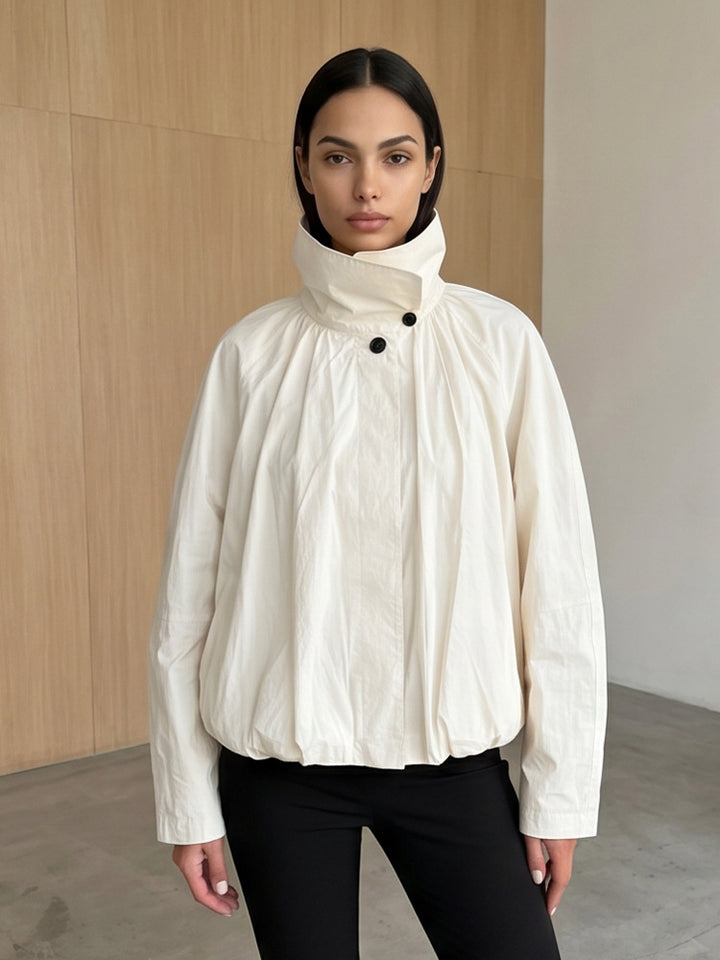 Women's short jacket with high stand-up collar, gathered shoulder area, and elastic hem Mune Fashion