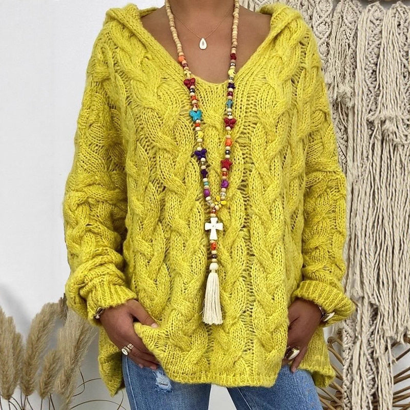 Women Oversized Cable Knit Sweater with Hood and Casual V-Neck Mune Fashion