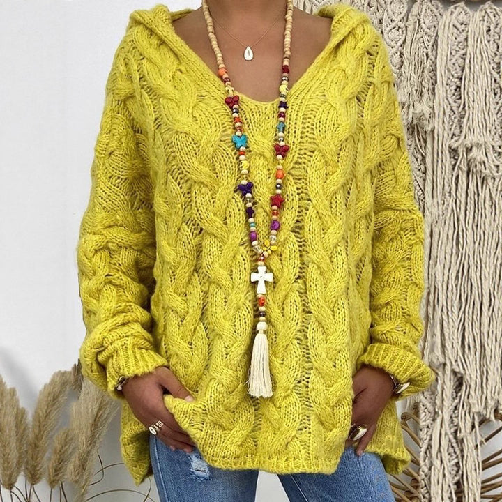 Women Oversized Cable Knit Sweater with Hood and Casual V-Neck Mune Fashion