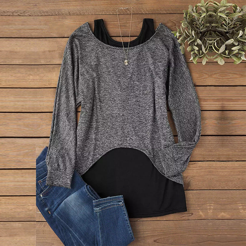 Women's Casual Off-Shoulder Fine Knit Sweater with Layered Look and Asymmetric Hem Mune Fashion