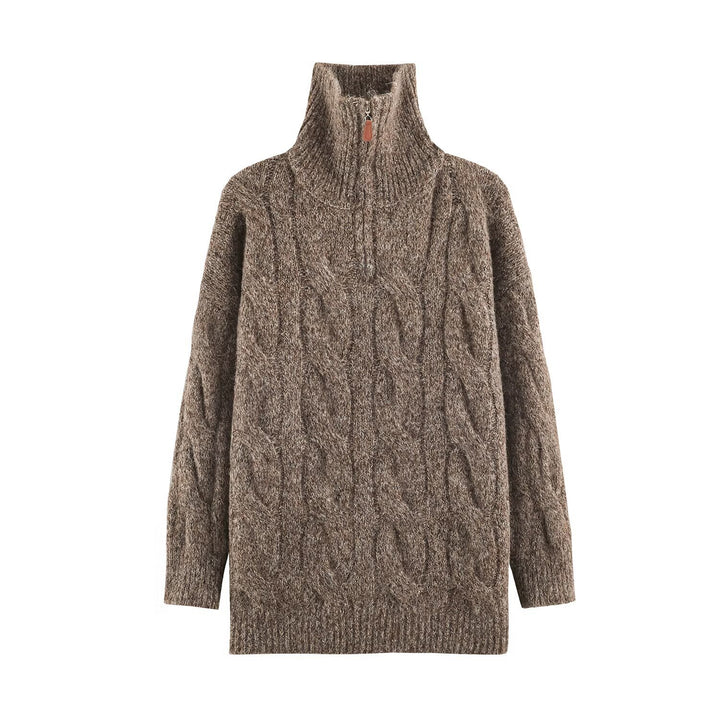 Women's Chunky Knit Long Sweater with Cable Pattern and Half-High Zip Collar Mune Fashion