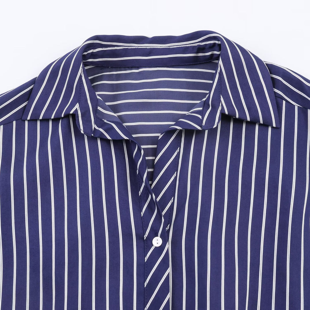 Women Oversized Shirt Blouse with Vertical Stripes, Balloon Sleeves and Wide Cuffs Mune Fashion