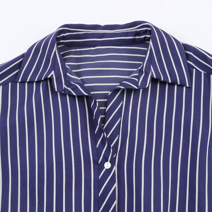 Women Oversized Shirt Blouse with Vertical Stripes, Balloon Sleeves and Wide Cuffs Mune Fashion