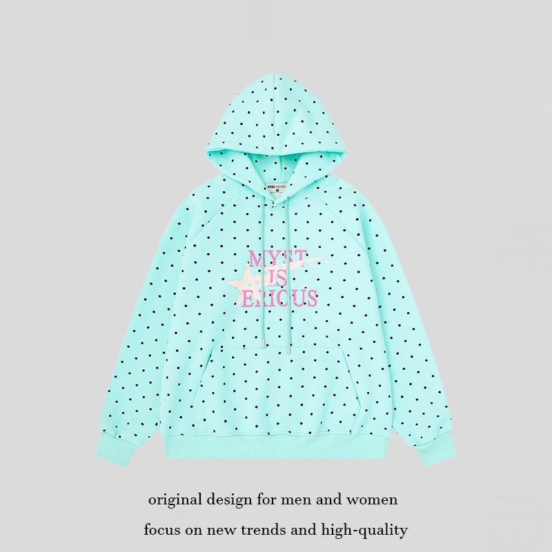 Women's oversized hoodie with allover polka dots, kangaroo pocket and star graphic Mune Fashion
