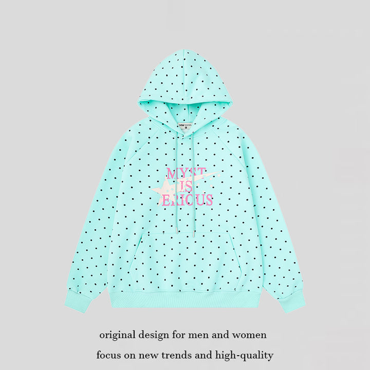 Women's oversized hoodie with allover polka dots, kangaroo pocket and star graphic Mune Fashion