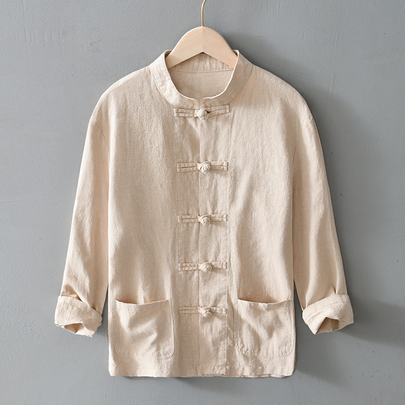Men's lightweight linen jacket in traditional Chinese style with stand-up collar and knot closures Mune Fashion