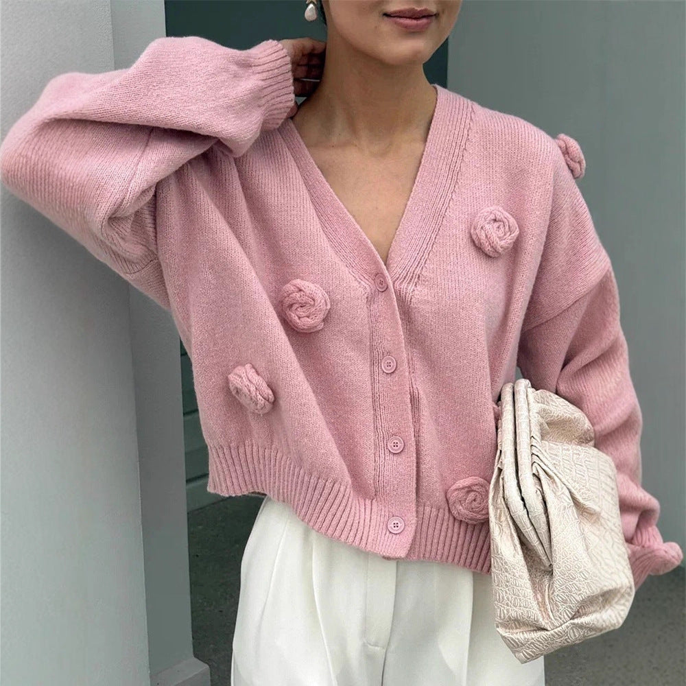 Women's Oversized Knit Cardigan with Three-Dimensional Rose Appliqués and V-Neck Mune Fashion