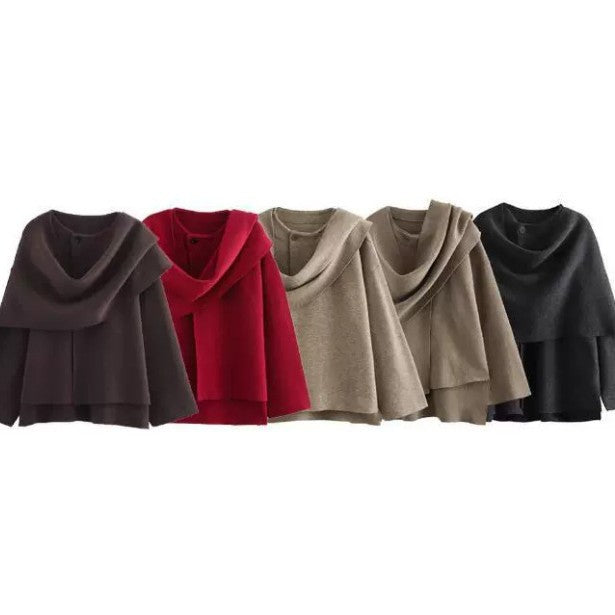 Women's Layered Poncho with Sleeves and Button Collar Mune Fashion
