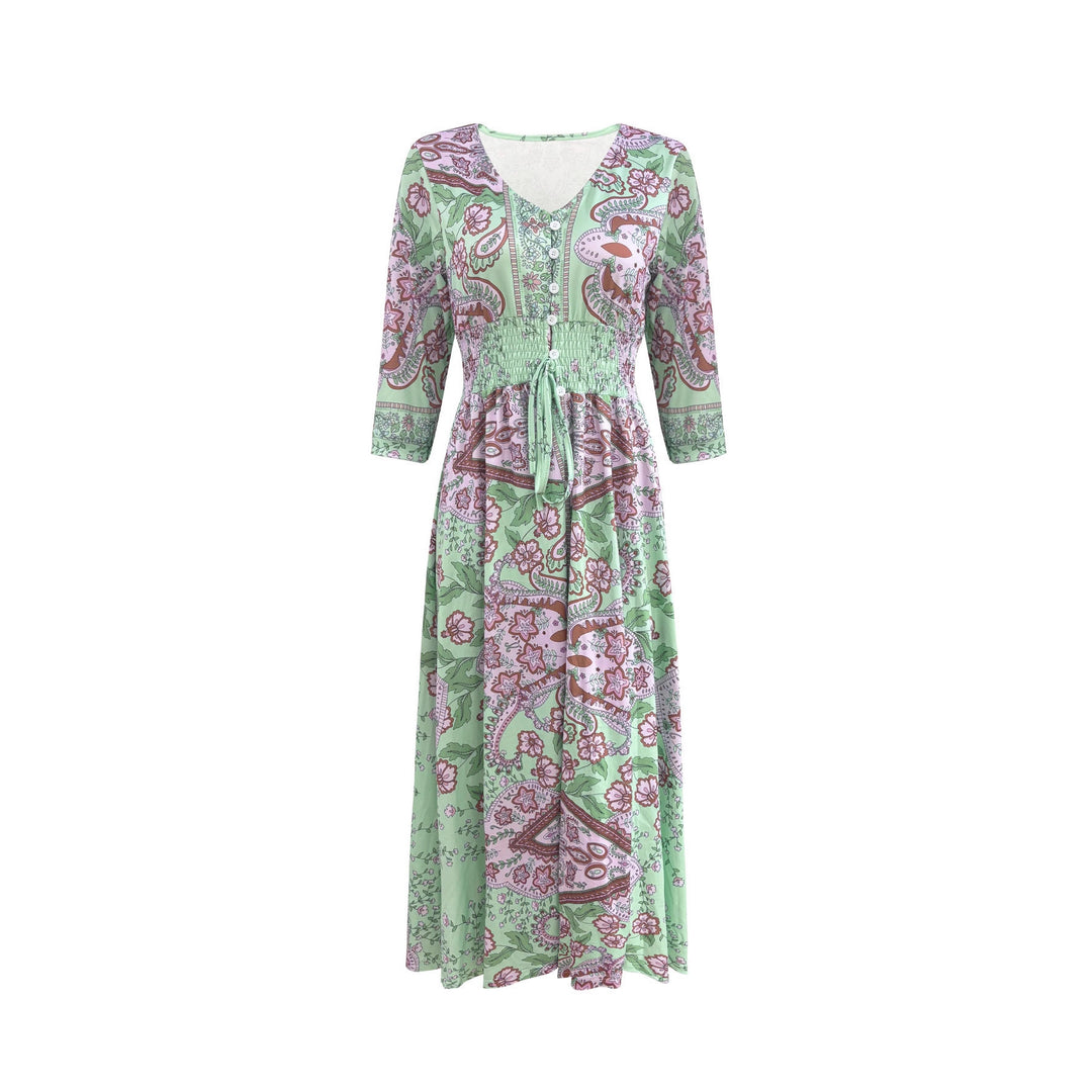 Women's Boho Maxi Dress with V-neck, Button Placket and Smocked Waist
