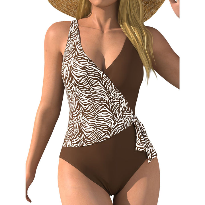 Women's One-Piece Swimsuit with Wrap Design and Animal Print Mune Fashion