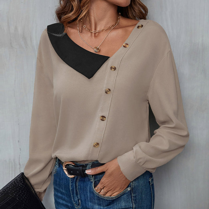 Women Elegant Blouse with Asymmetrical Collar and Button Details Mune Fashion