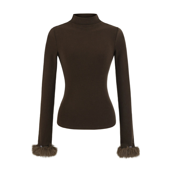 Women's Fitted Turtleneck Top with Faux Fur Cuffs Mune Fashion