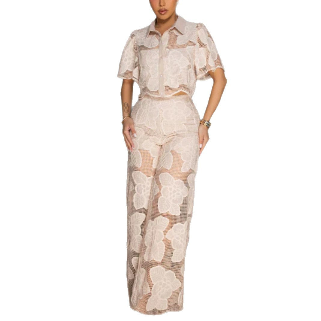 Women's short-cut shirt blouse made of floral lace with high-cut wide-leg pants Mune Fashion