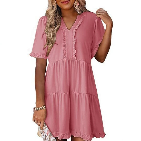 Women's lightweight swing dress with V-neck, tiered skirt and delicate ruffles Mune Fashion