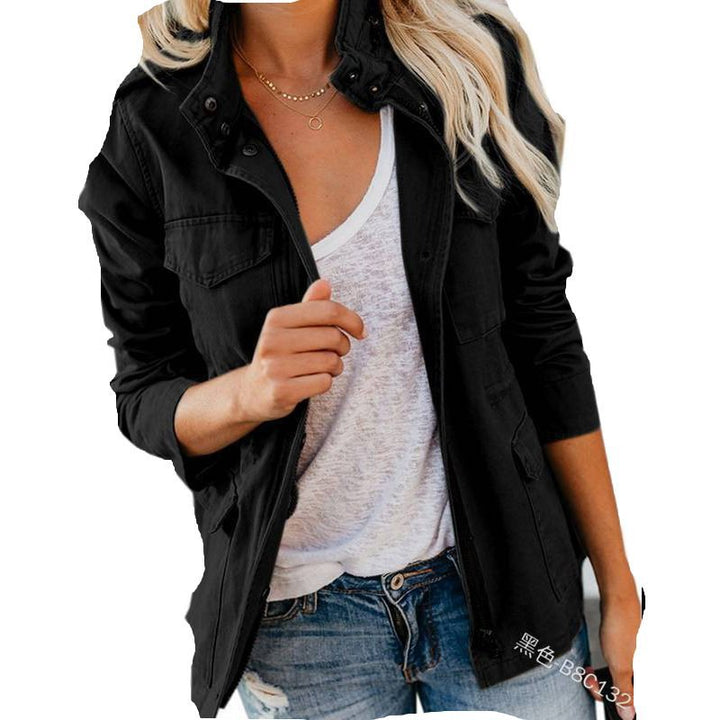 Women’s utility field jacket with stand-up collar, patch pockets and waist drawstring Mune Fashion