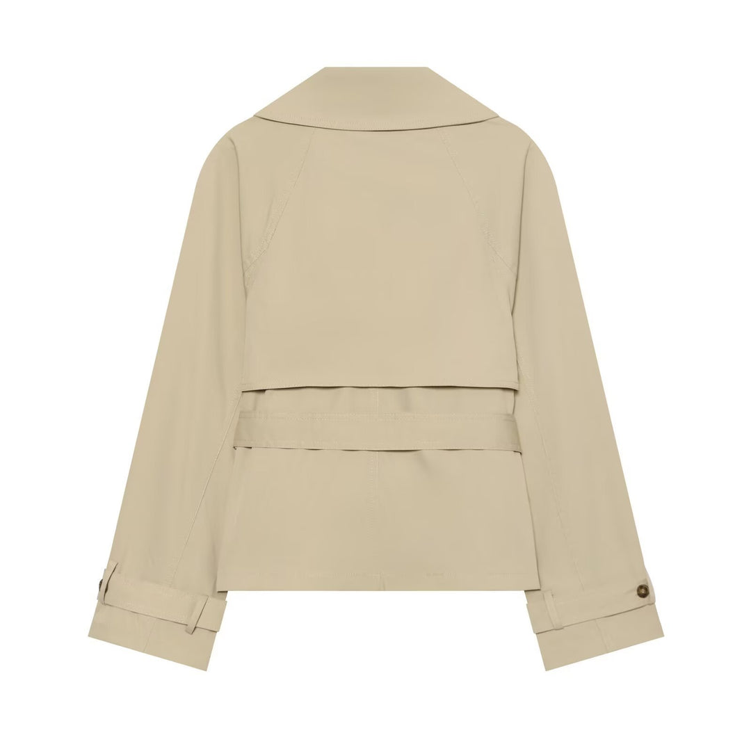 Women's Cropped Trench Coat in Boxy Cut with Wide Lapels and Ties