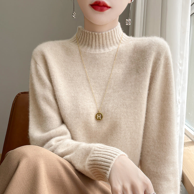 Women's Luxury Soft Midweight Mock Neck Sweater in Angora Look with Fine Rib and Relaxed Silhouette Mune Fashion