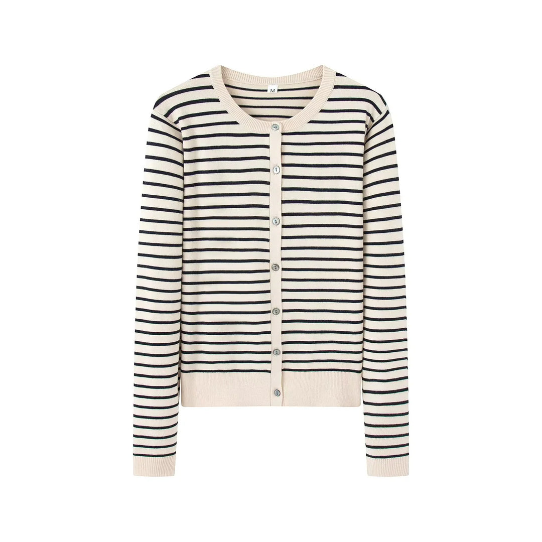 Women knitted striped fine knit cardigan with round neckline and full button placket Mune Fashion