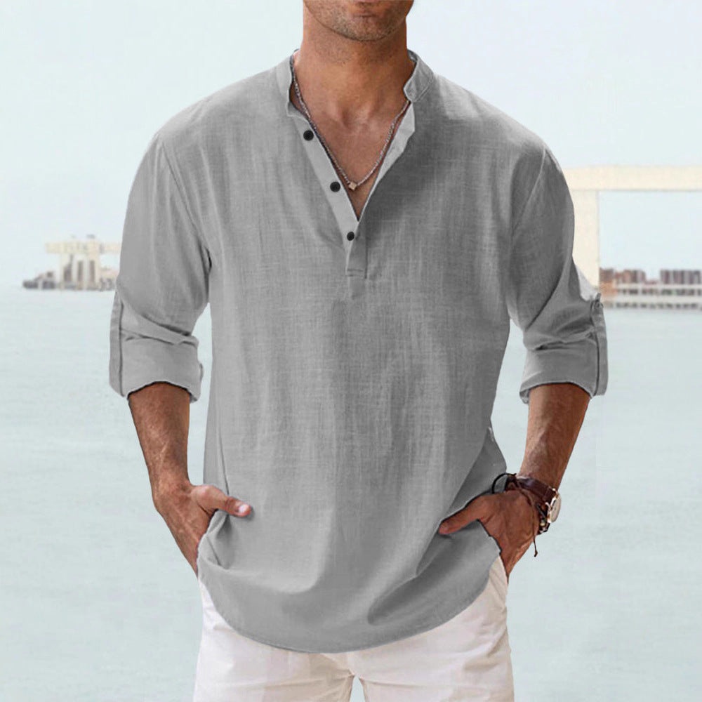 Men's nan casual linen henley shirt with stand-up collar, roll-up sleeves, and rounded hem Mune Fashion