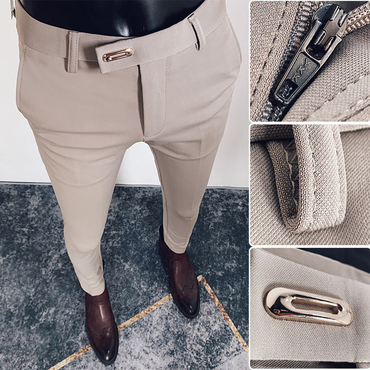 Men's tailored slim-fit suit trousers with elastic waistband, concealed zipper, and fashionable belt detail Mune Fashion