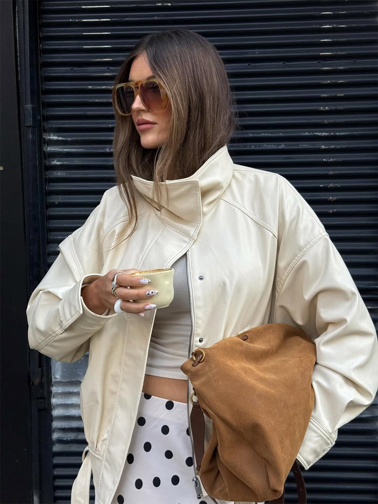 Women Oversized Faux Leather Jacket with High Stand-Up Collar and Drawstring Mune Fashion