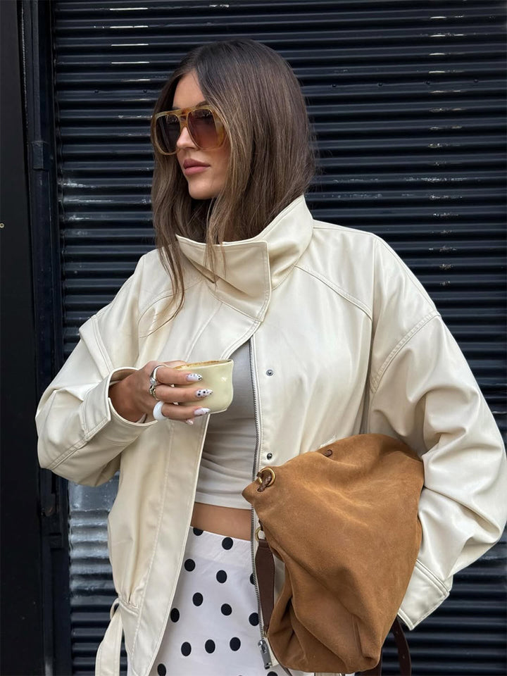 Women Oversized Faux Leather Jacket with High Stand-Up Collar and Drawstring Mune Fashion