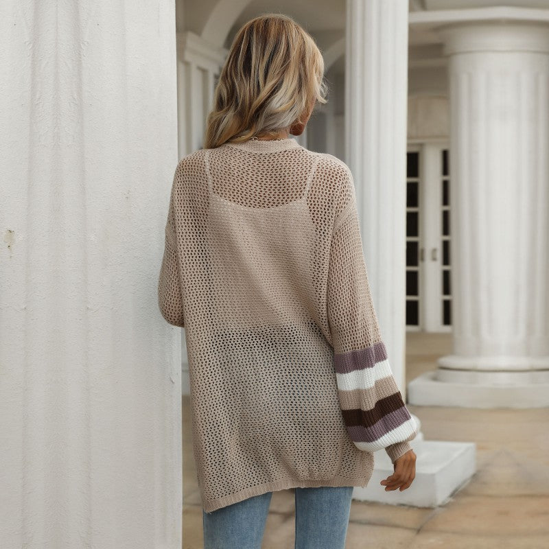 Women's Longline Net Knit Cardigan with Balloon Sleeves and Block Stripes Mune Fashion