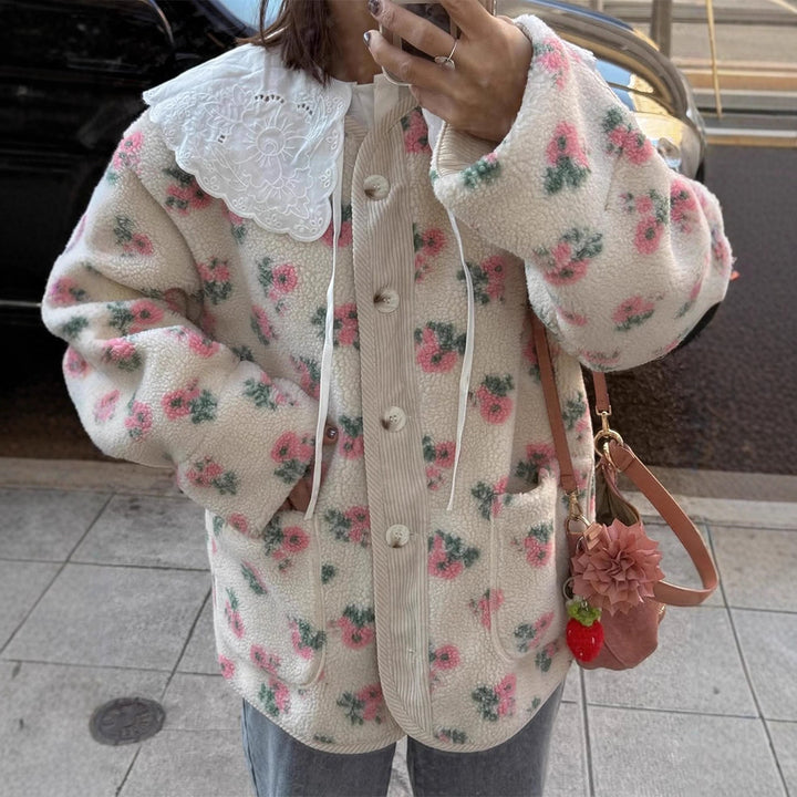 Women's teddy fleece jacket with floral print, cord placket, patch pockets, and oversized lace collar Mune Fashion