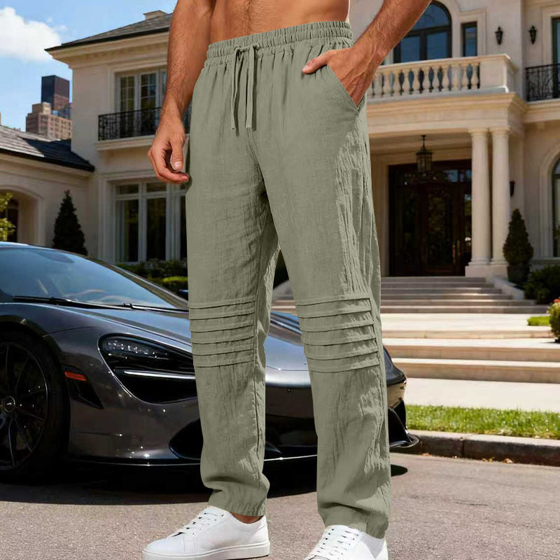 Men's Linen Look Lounge Pants with Drawstring Elastic Waistband and Quilted Knee Panels Mune Fashion