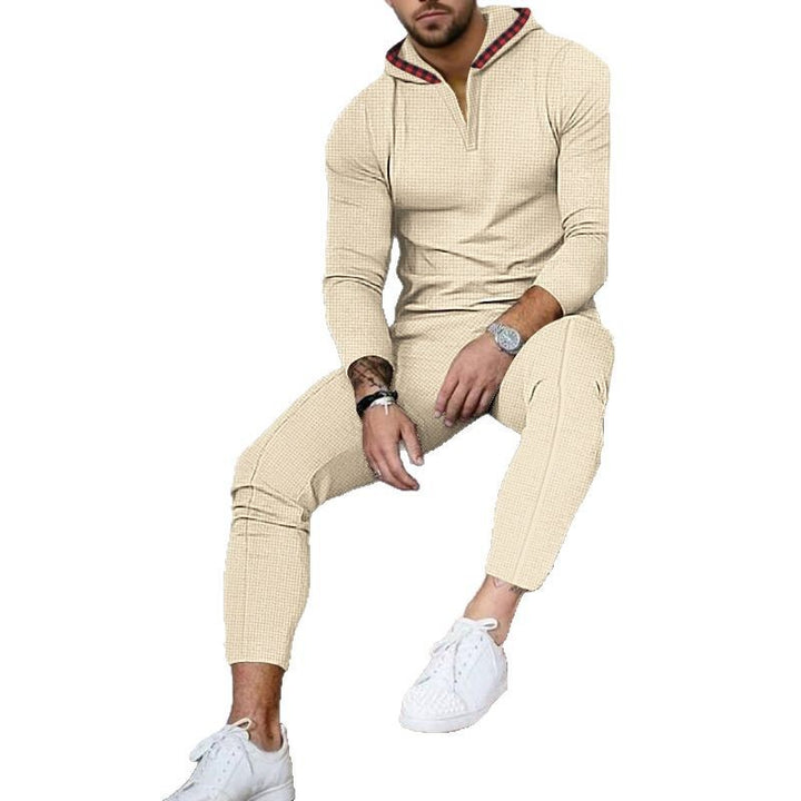 Men's Nano Slim-Fit Waffle Knit Hoodie Set with Half Zip, Contrast Lined Hood and Tapered Jogging Pants Mune Fashion