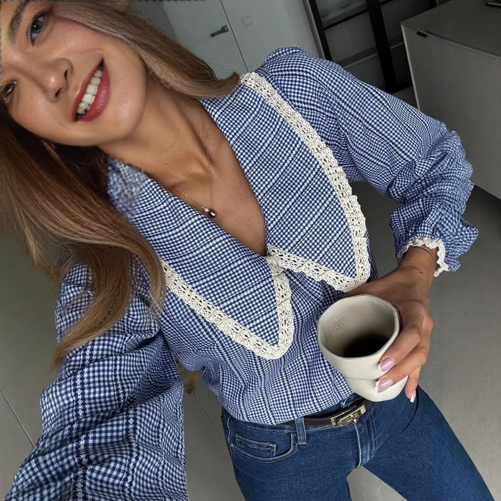 Women's Checked Blouse Shirt with Crochet Lace Trim and Balloon Sleeves Mune Fashion